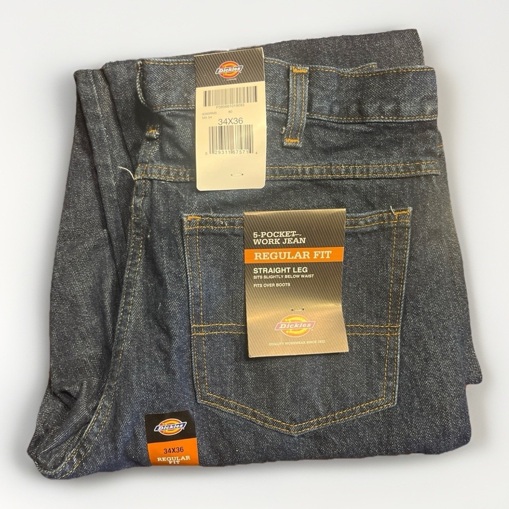 NWT Dickies Men's 5-Pocket Work Jeans Regular Fit Straight Leg Blue Denim 34x36โ